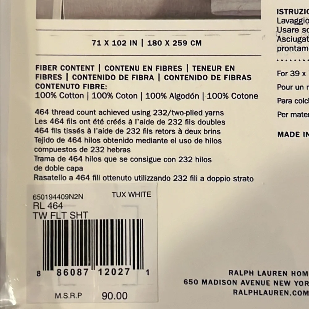 Ralph Lauren RL 464 Solid Percale Twin Flat + Extra Deep Fitted Sheet set Tux